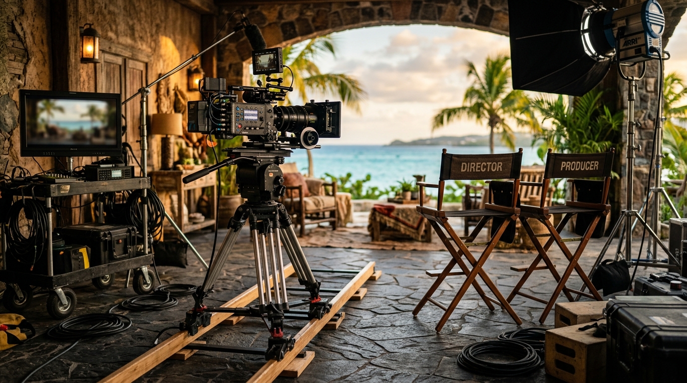 Premium film production environment with camera, lighting, and Caribbean atmosphere